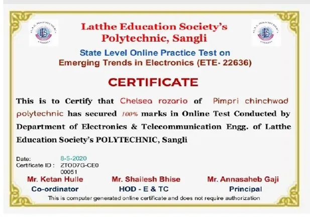 Third Year Students of EJ6I scored in online examination conducted for Course “EMERGING TRENDS IN ELECTRONICS” by various polytechnic colleges.