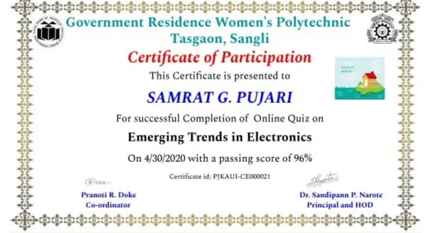 Third Year Students of EJ6I scored in online examination conducted for Course “EMERGING TRENDS IN ELECTRONICS” by various polytechnic colleges.