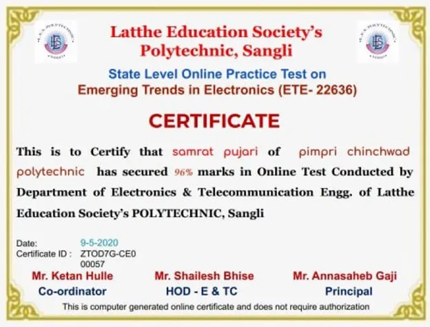 Third Year Students of EJ6I scored in online examination conducted for Course “EMERGING TRENDS IN ELECTRONICS” by various polytechnic colleges.