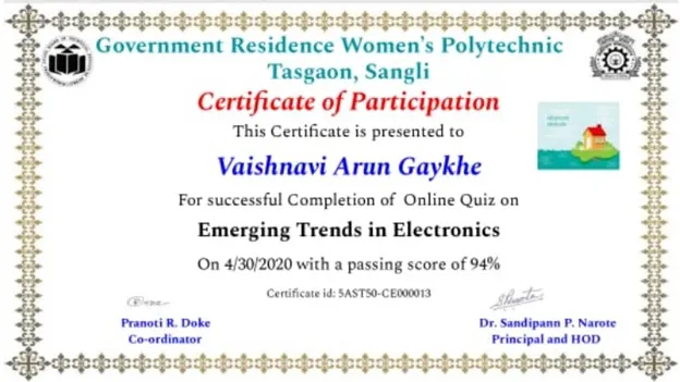 Third Year Students of EJ6I scored in online examination conducted for Course “EMERGING TRENDS IN ELECTRONICS” by various polytechnic colleges.