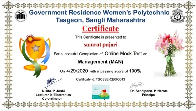 Third Year Students of EJ6I scored in online examination conducted for Course “MANAGEMENT” by various polytechnic colleges.