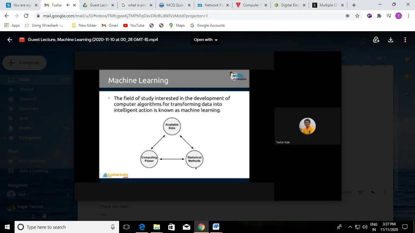 Machine Learning” on 10th November 2020, PCP